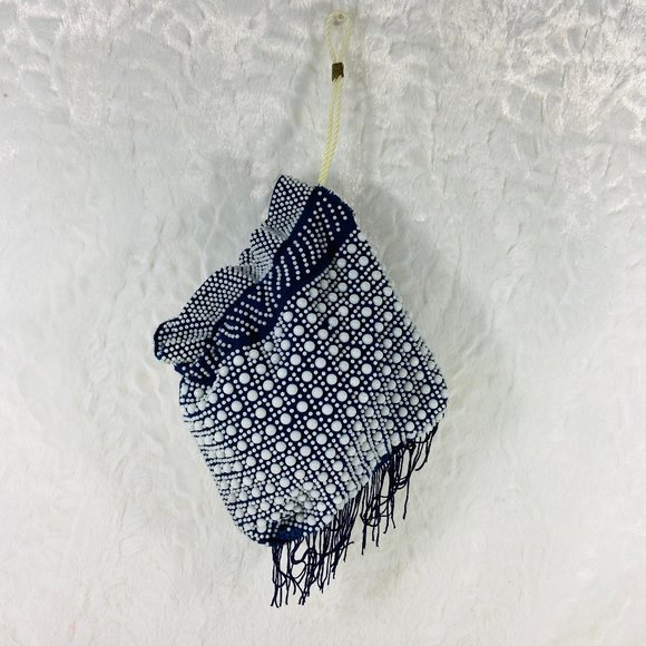Vintage Candy Dot Purse, Beaded Blue Bag with White Dots, Wristlet Boho - Picture 1 of 12